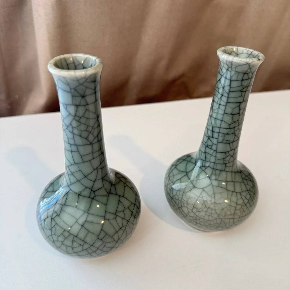 Antique Chineses Celadon Crackle Glaze Bud Vase Set of 2 Long Neck Ceramic